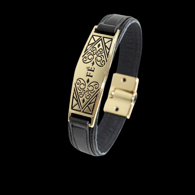 Pulseira de Couro Fé 13mm - Banhada a Ouro 18K