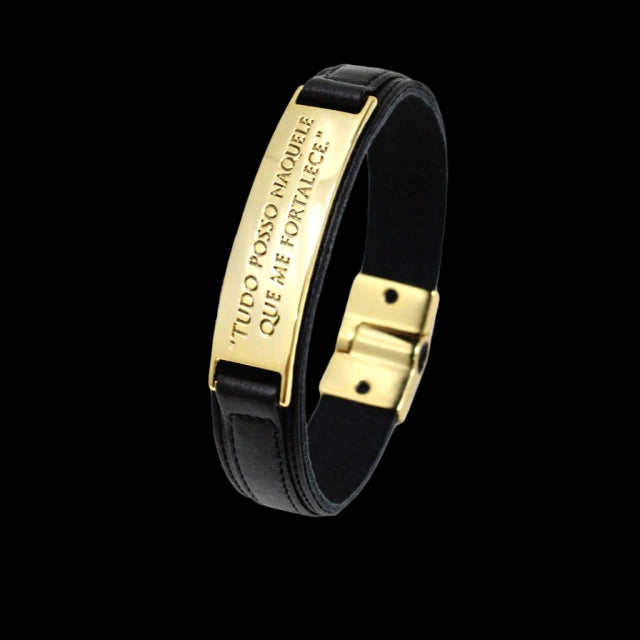 Pulseira de Couro Tudo Posso 13mm - Banhada a Ouro 18K