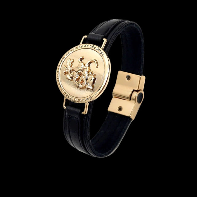 Pulseira de Couro Sâo Jorge 13mm - Banhada a Ouro 18K