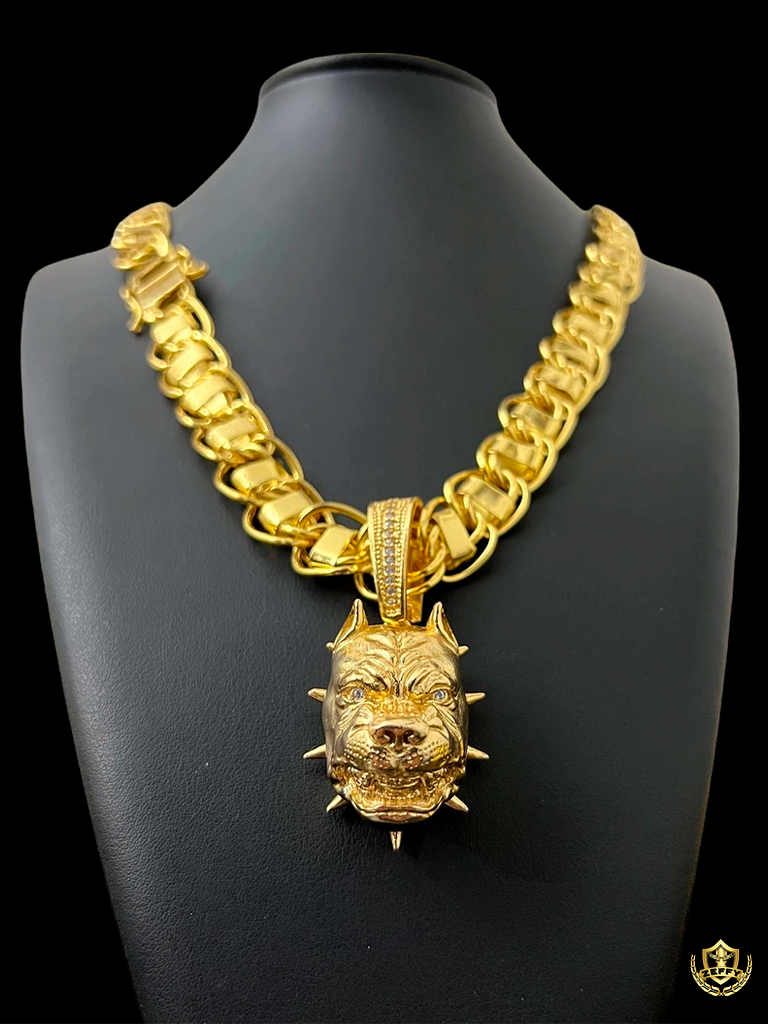 Cordão Dubai 15mm + Pingente Pit Bull Banhado a Ouro 18K