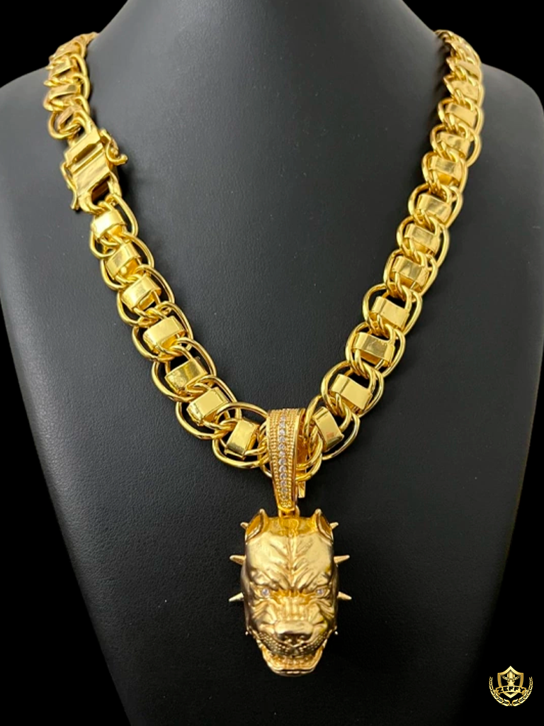 Cordão Dubai 15mm + Pingente Pit Bull Banhado a Ouro 18K