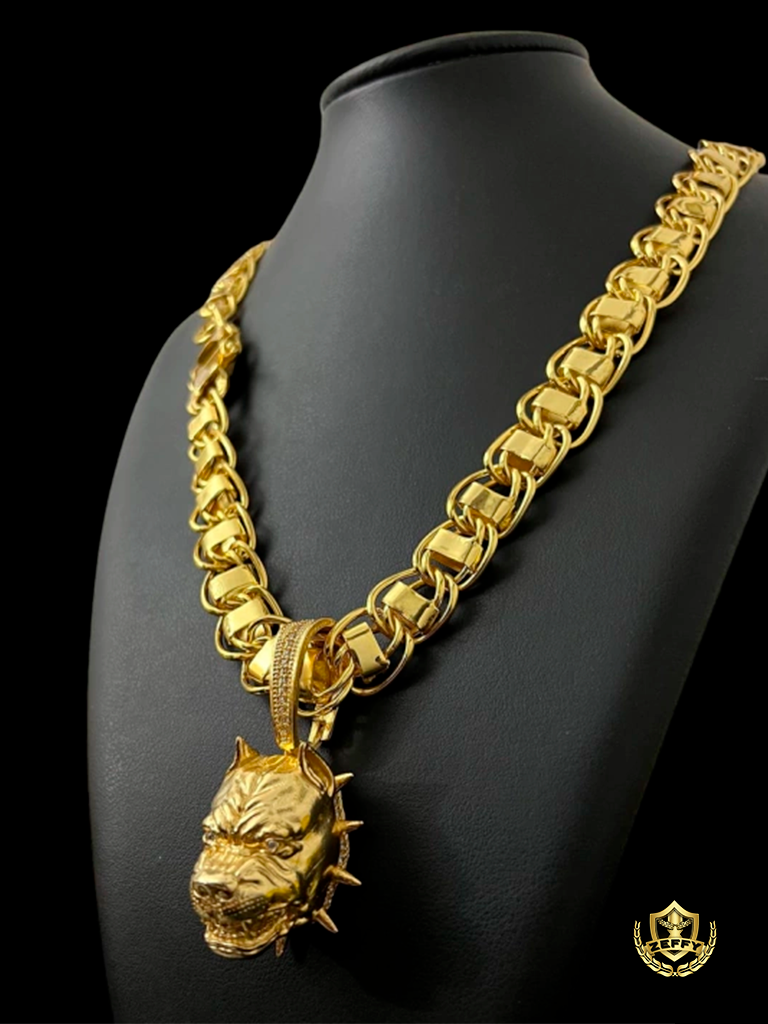 Cordão Dubai 15mm + Pingente Pit Bull Banhado a Ouro 18K