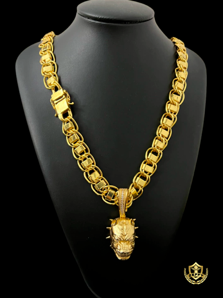 Cordão Dubai 15mm + Pingente Pit Bull Banhado a Ouro 18K