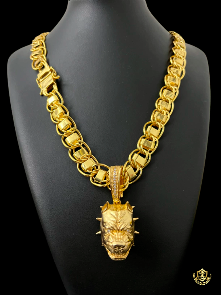 Cordão Dubai 15mm + Pingente Pit Bull Banhado a Ouro 18K