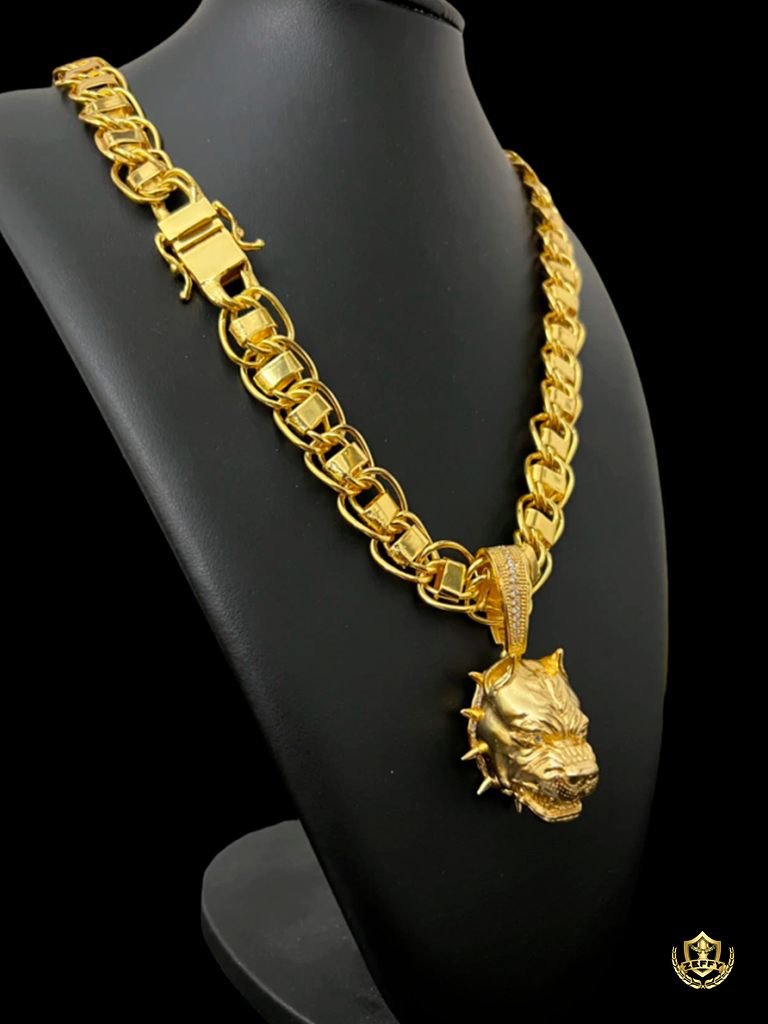 Cordão Dubai 15mm + Pingente Pit Bull Banhado a Ouro 18K