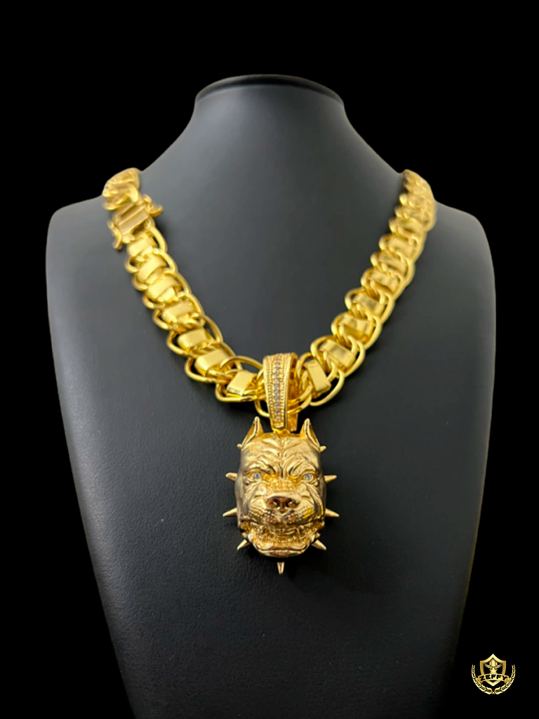 Cordão Dubai 15mm + Pingente Pit Bull Banhado a Ouro 18K